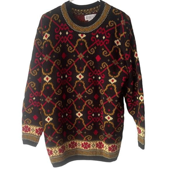 Lands' End Women's Medium Chunky Knit Black Geometric Pattern Crew Neck Sweater - Picture 1 of 8